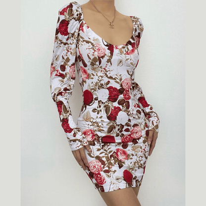 Floral Print Puff Shoulder Long Sleeve Sweetheart Mini Dress