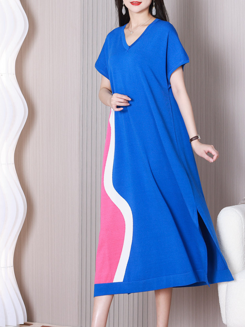 V-Neck Colorblock Abstract Wave Knit Side Slit Maxi Dress