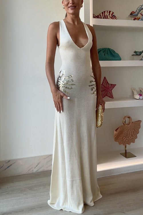 V Neck Sleeveless Knit Maxi Dress with Sequin