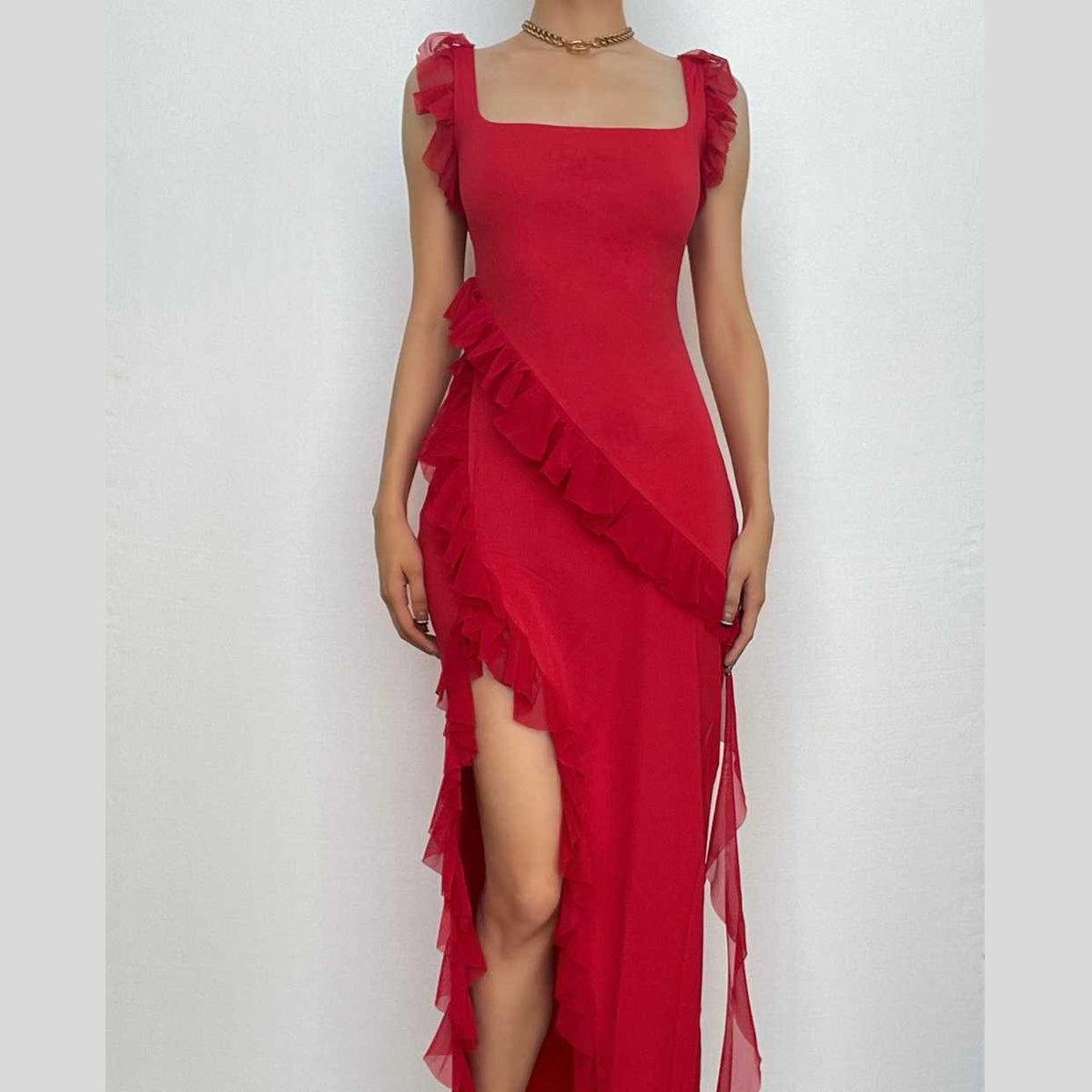 Square Neck Ruffle Strap Ruched High Slit Asymmetrical Ruffle Trim Maxi Dress