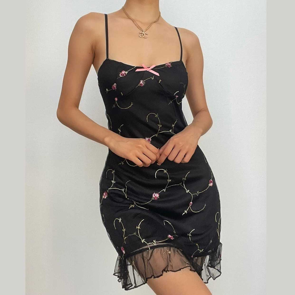 Flower Embroidery Mesh Ruffle Backless Cami Mini Dress