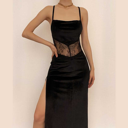 Velvet Spaghetti Strap Square Neck Lace Waist Insert Side Slit Midi Dress