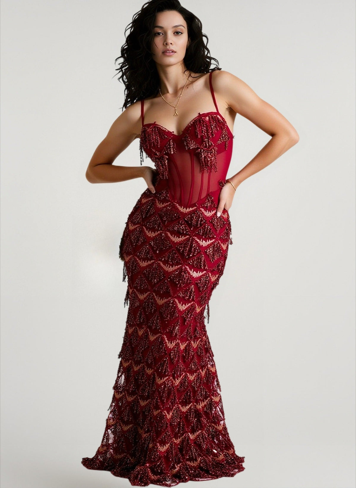 Spaghetti Strap Sheer Mesh Boned Bodice Diamond Sequin Fringe Maxi Gown
