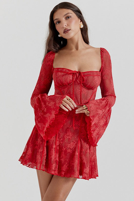 Floral Lace Square Neck Bell Sleeve Bustier Tie Front Mini Dress