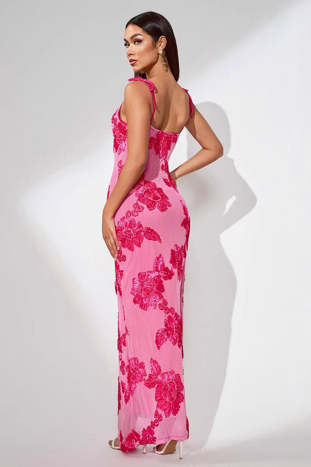 Elegant 3D Flowers Embroidery Mesh Floral Dress