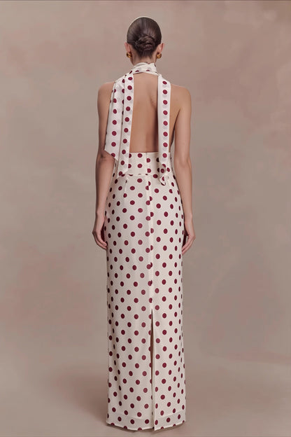 Polka Dot Deep V Tie Bodycon Maxi Dress