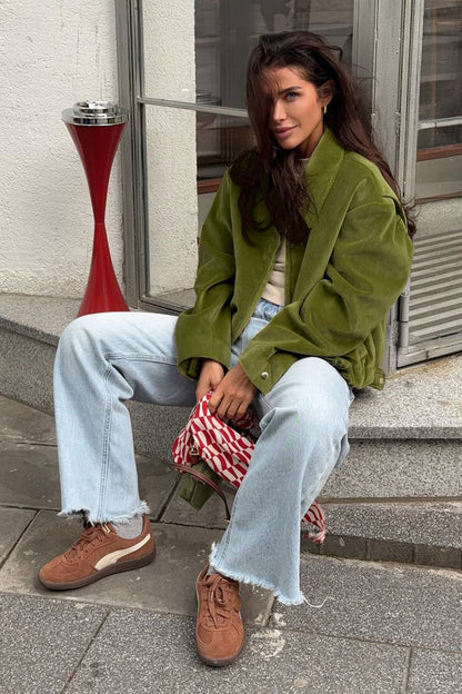 Retro Green Velvet Loose Collared Varsity Jacket