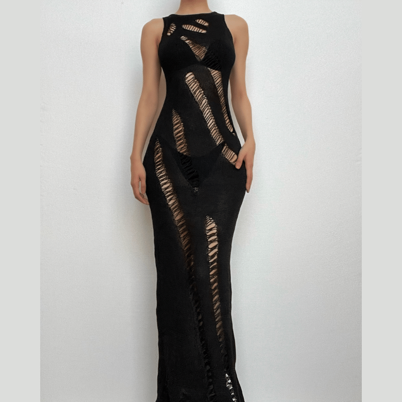 Crew Neck Slashed Ladder Knit Cutout Sleeveless Bodycon Maxi Dress