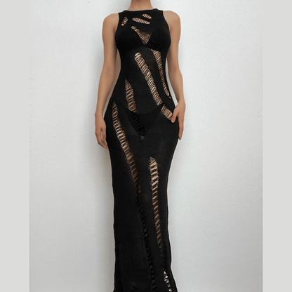 Crew Neck Slashed Ladder Knit Cutout Sleeveless Bodycon Maxi Dress