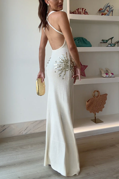 V Neck Sleeveless Knit Maxi Dress with Sequin