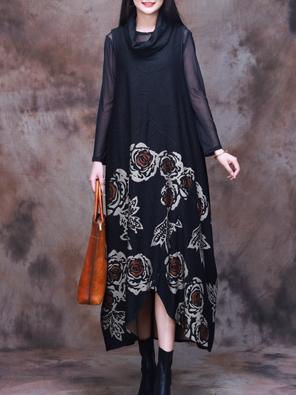 Cowl Neck Long Sleeve Floral Print Panel Oversized Maxi Dress