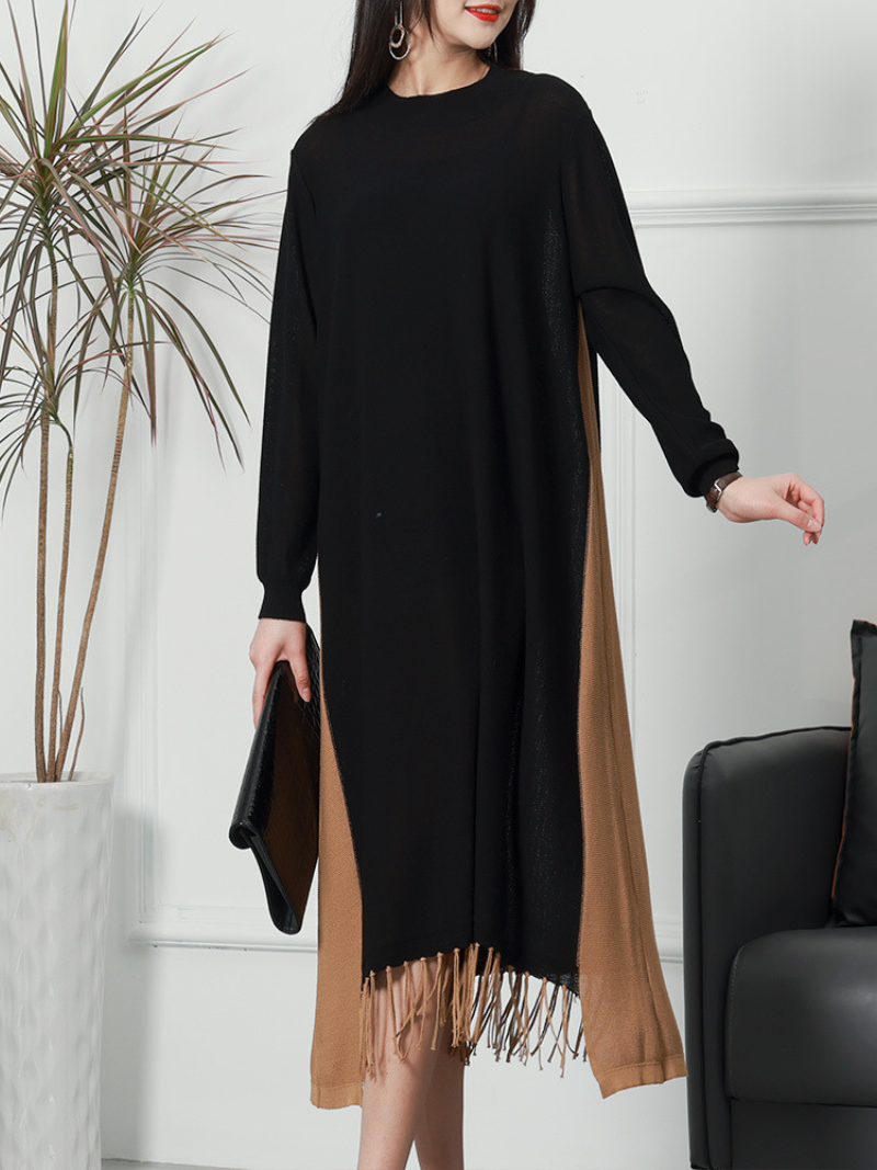 Crew Neck Ribbed Knit Long Sleeve Midi Dress