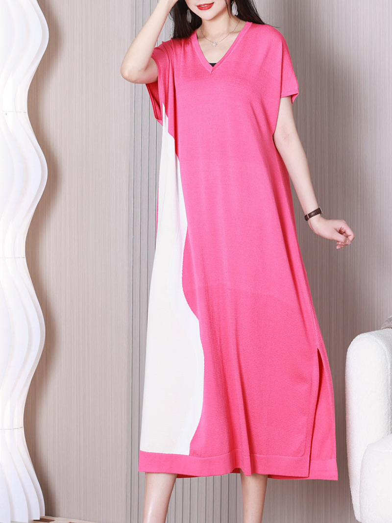 V-Neck Colorblock Abstract Wave Knit Side Slit Maxi Dress