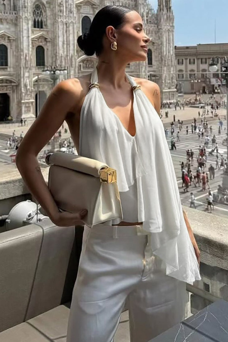 Mesh Asymmetrical Solid Halter Cami Top