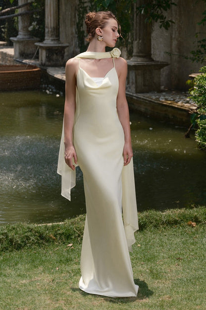 Satin Spaghetti Strap Cowl Neck Rose Scarf Drape Column Maxi Gown