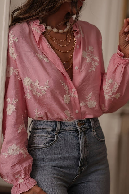 Collared Print Puff Sleeve Blouse