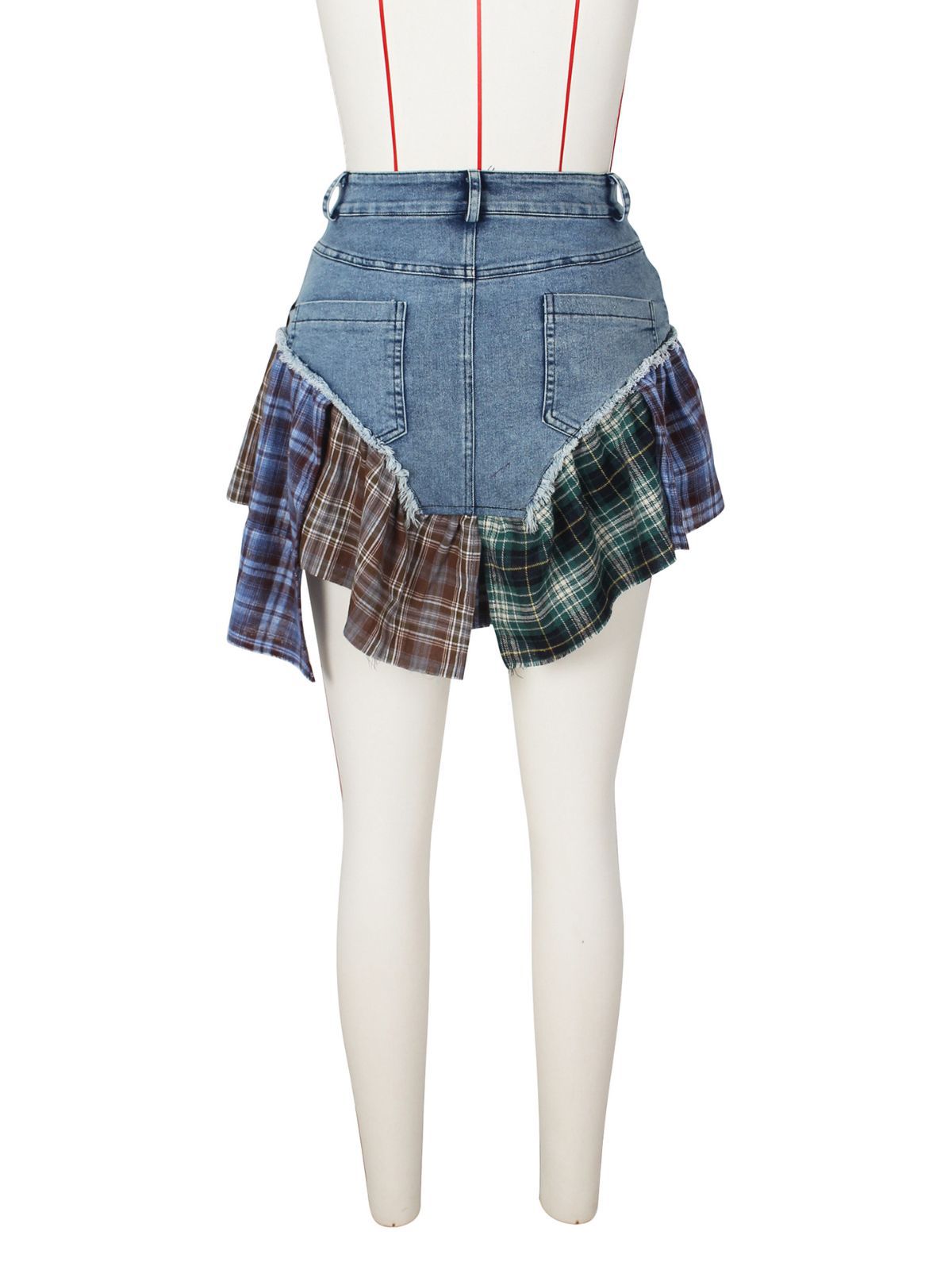 Plaid Patchwork Ruffles Jeans Skirts Shorts Women Summer High Waist Button Fly Pockets Fashion Casual Culotte Streetwear