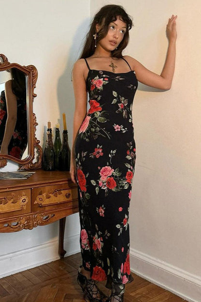 Vintage Floral Bodycon Cami Maxi Dress