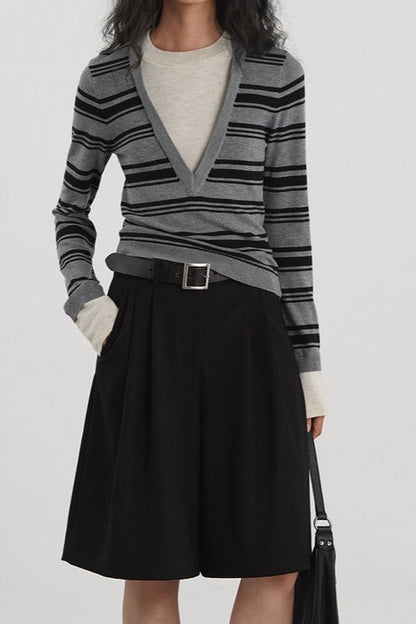Striped Contrast Panel Deep V-Neck Knit Top