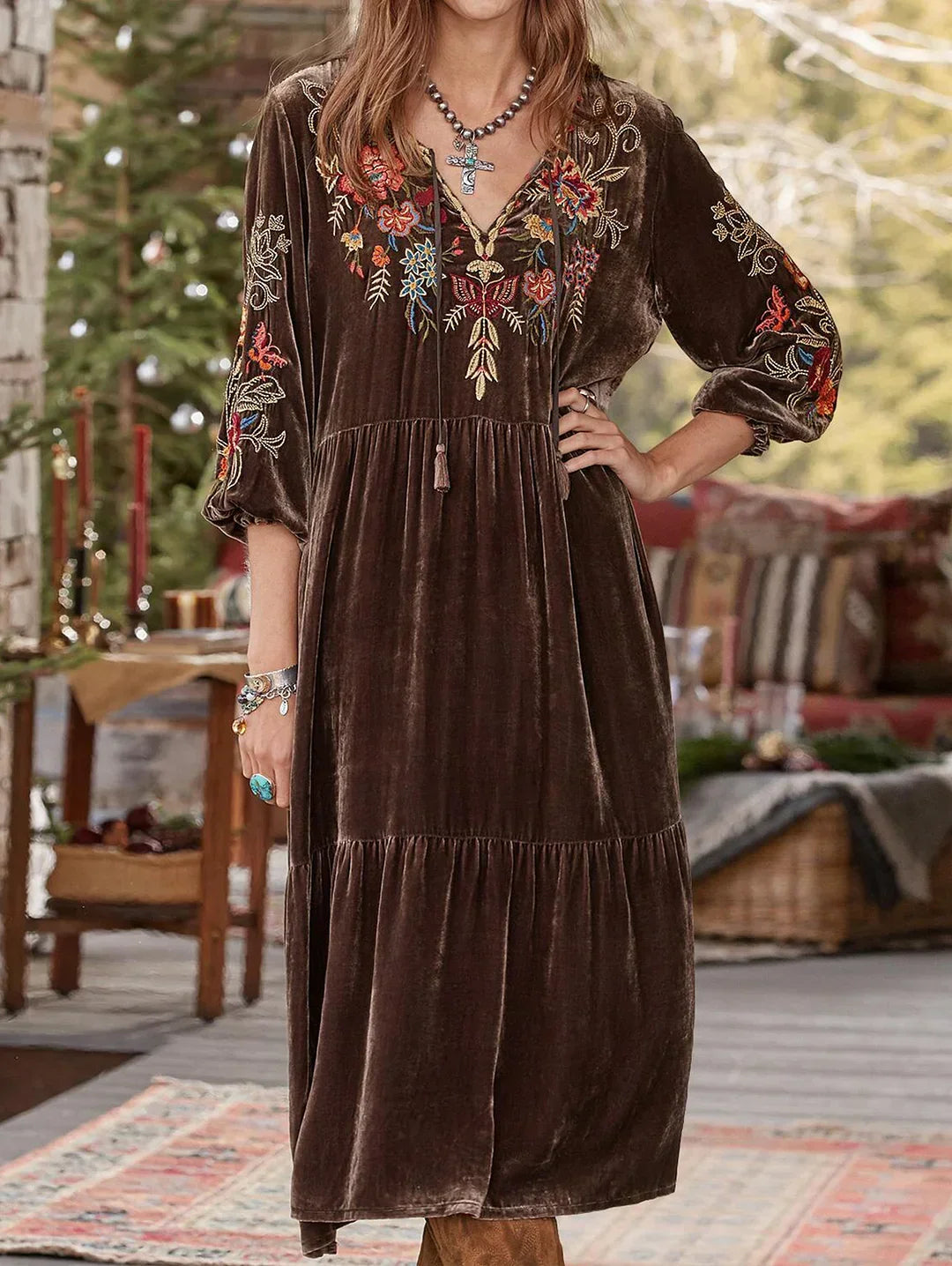 V Neck Tassel Tie Balloon Sleeve Embroidered Velvet Midi Dress