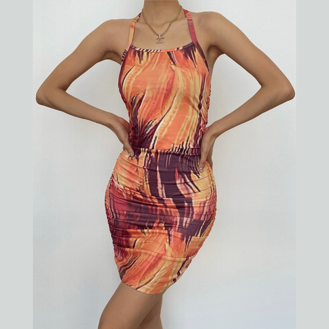 Abstract Marble Print Halter Ruched Bodycon Mini Dress