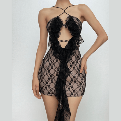 Lace Halter Cross Front Diamond Cutout Ruffle Mini Dress