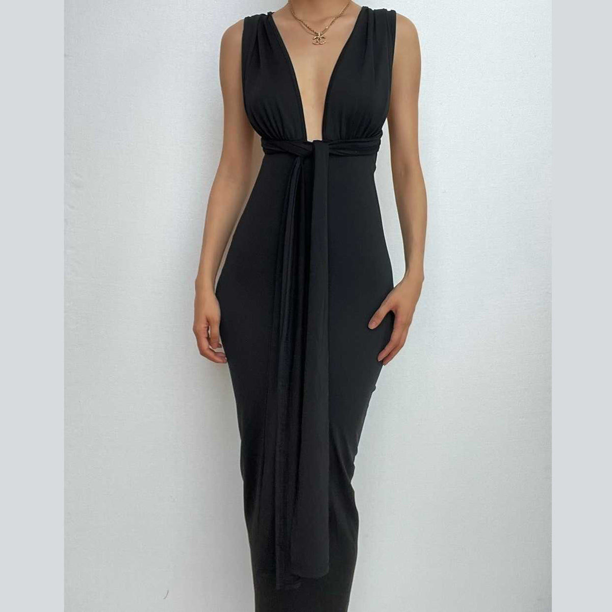 Deep V Neck Wide Strap Waist Tie Ribbon Panel Bodycon Maxi Dress