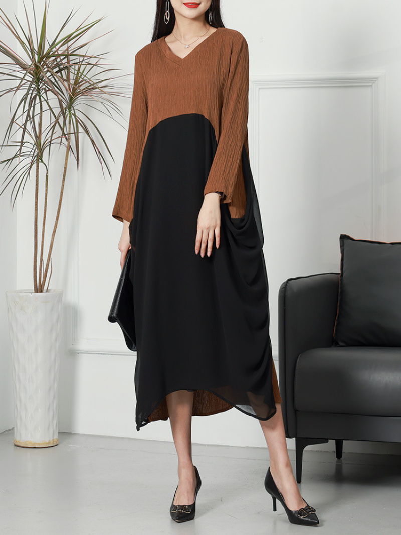 Deep V-Neck Crinkle Gauze Handkerchief Hem Oversized Long Sleeve Midi Dress