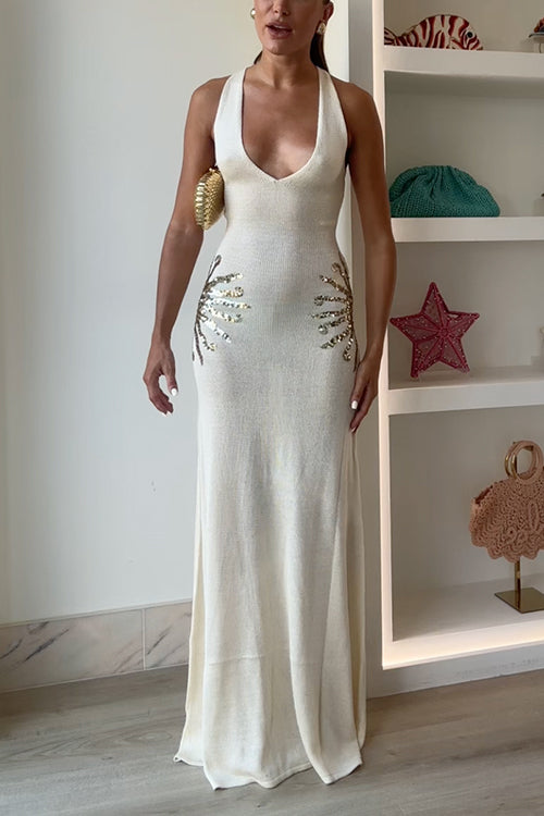 V Neck Sleeveless Knit Maxi Dress with Sequin