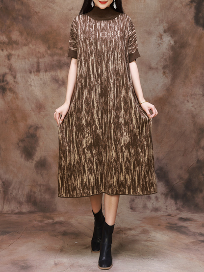 Half Collar Camouflage Rib Knit Midi Dress