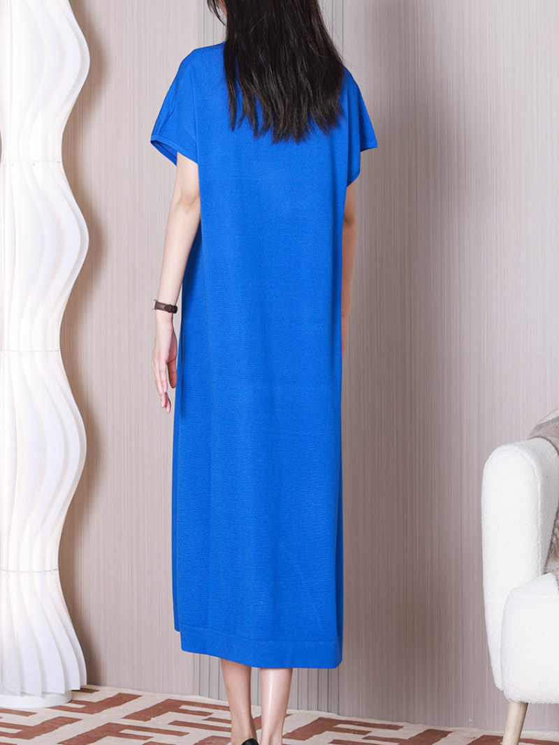 V-Neck Colorblock Abstract Wave Knit Side Slit Maxi Dress
