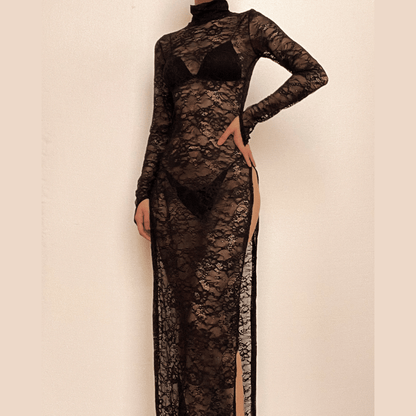 Lace Turtleneck Long Sleeve High Slit Sheer Overlay Maxi Dress