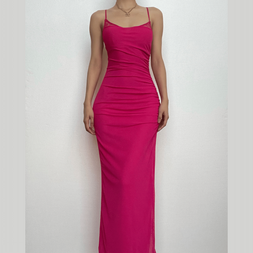 Scoop Neck Lace Trim Ruched Spaghetti Strap Midi Dress