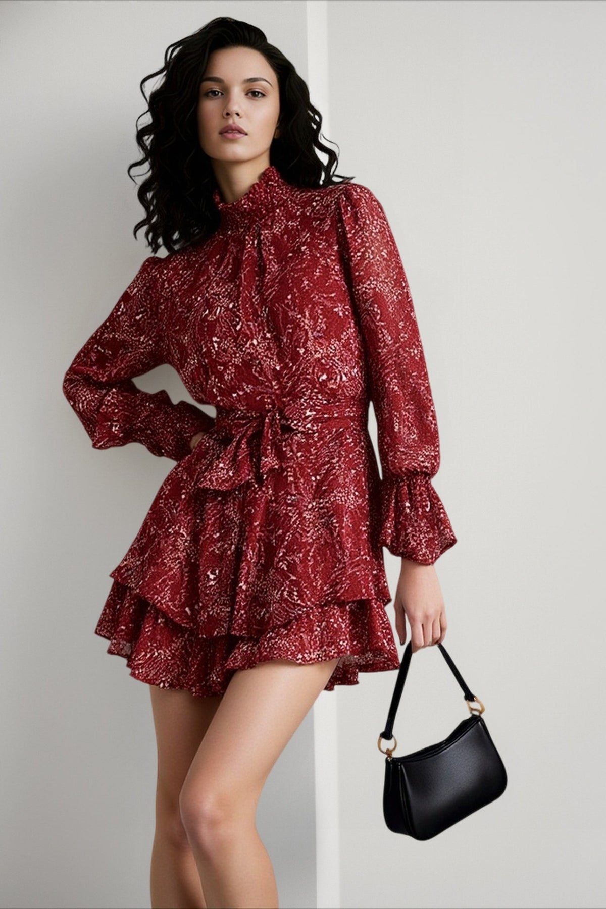 Smocked Mock Neck Blouson Sleeve Tie Waist Tiered Ruffle Mini Dress