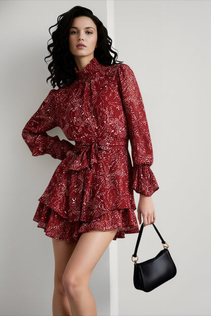Smocked Mock Neck Blouson Sleeve Tie Waist Tiered Ruffle Mini Dress