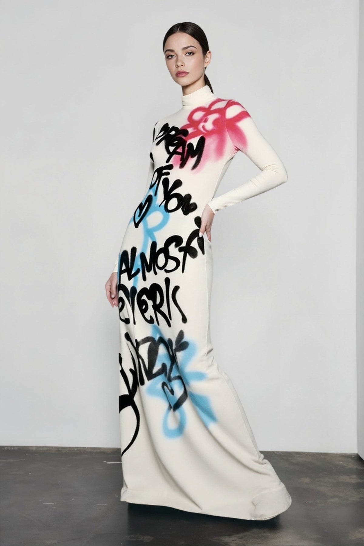 Mock Neck Long Sleeve Graffiti Print Maxi Dress