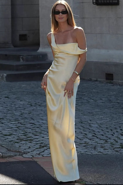 Solid Color Asymmetrical Shoulder Backless Strapless Formal Dress