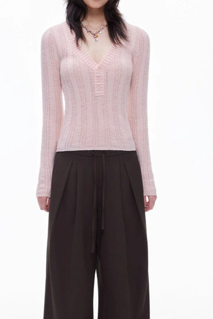 Openwork Wool Blend V-Neck Knit Top