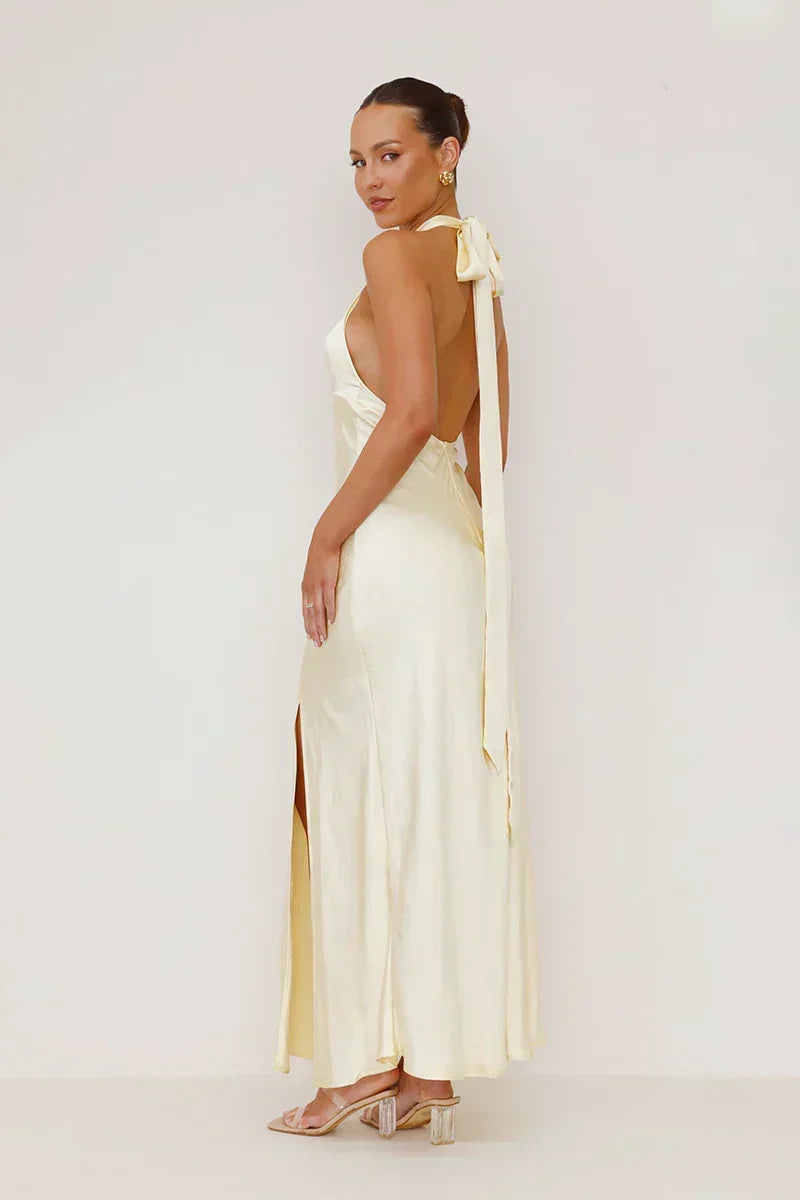 Satin Halter Neck Keyhole Cutout Wrap High Split Backless Maxi Gown