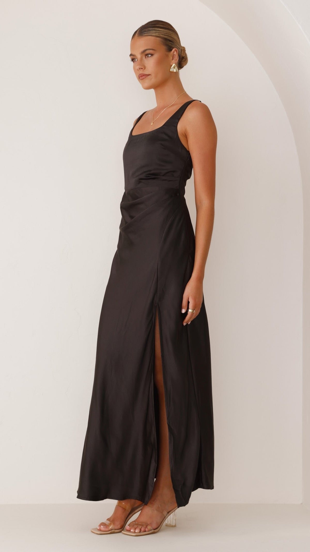 Satin Tank Strap Square Back High Slit Slip Maxi Dress