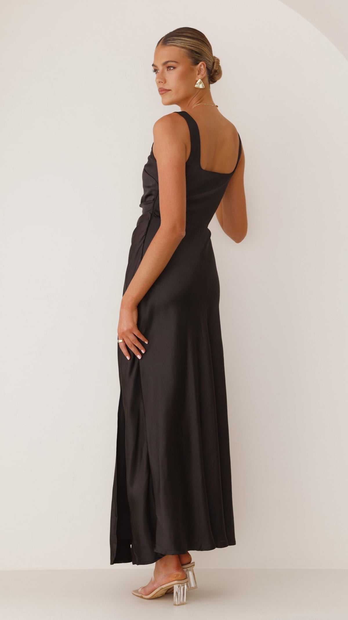 Satin Square Neck Wide Strap Side Slit Slip Maxi Dress