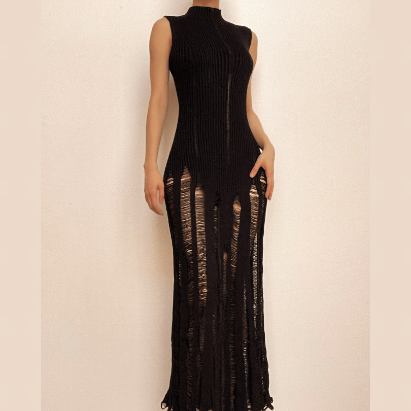 Sleeveless Mock Neck Ribbed Knit Distressed Ladder Hem Maxi Dress
