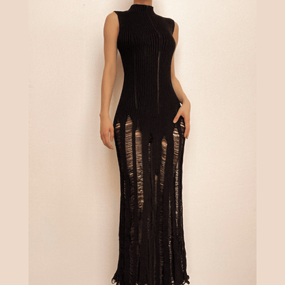 Sleeveless Mock Neck Ribbed Knit Distressed Ladder Hem Maxi Dress