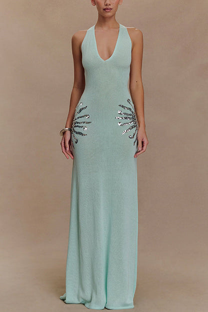 V Neck Sleeveless Knit Maxi Dress with Sequin
