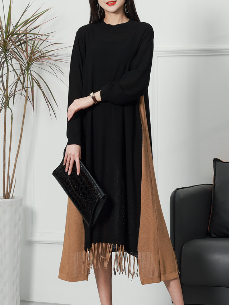 Crew Neck Ribbed Knit Long Sleeve Midi Dress