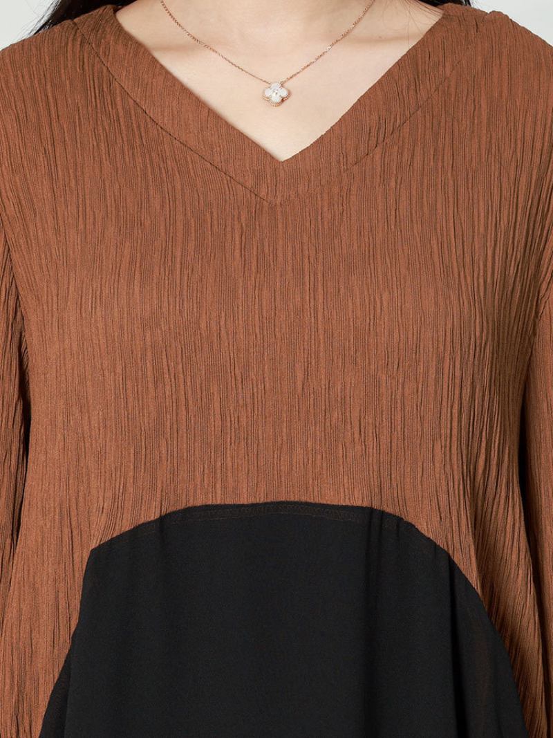 Deep V-Neck Crinkle Gauze Handkerchief Hem Oversized Long Sleeve Midi Dress