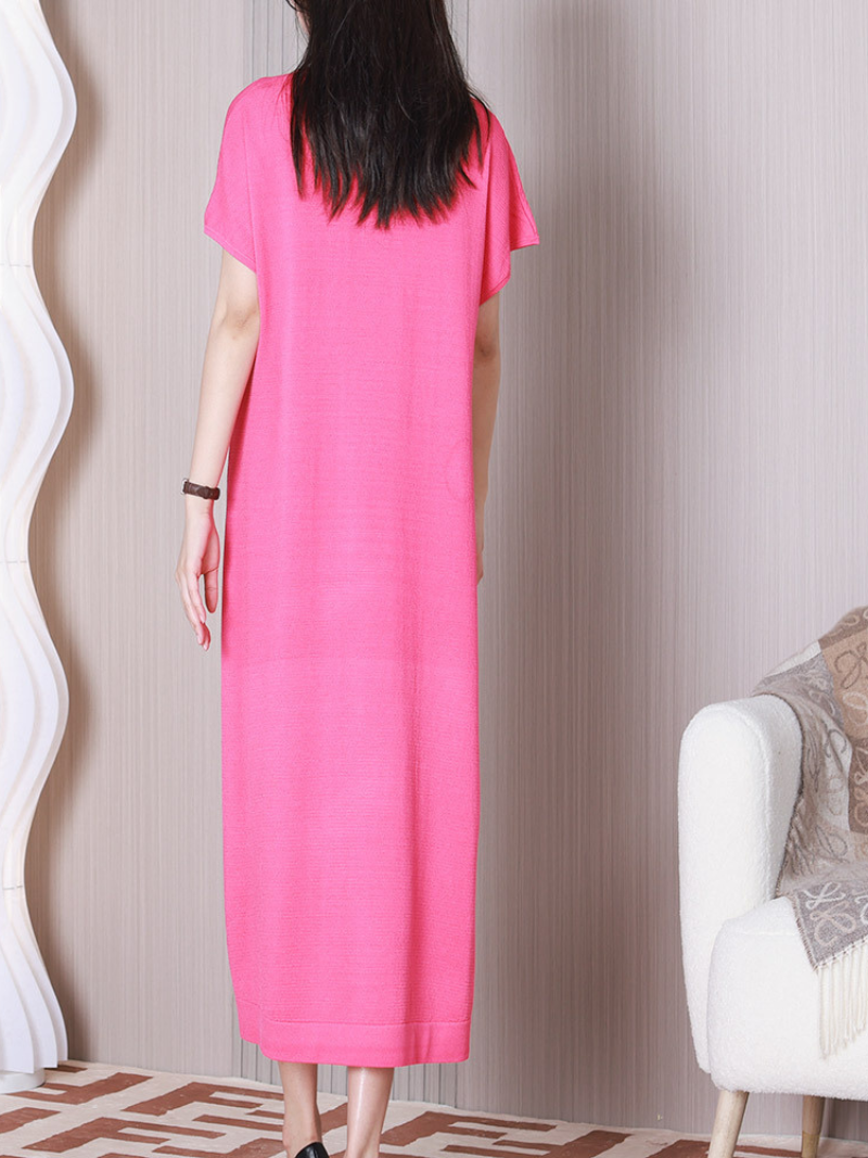 V-Neck Colorblock Abstract Wave Knit Side Slit Maxi Dress
