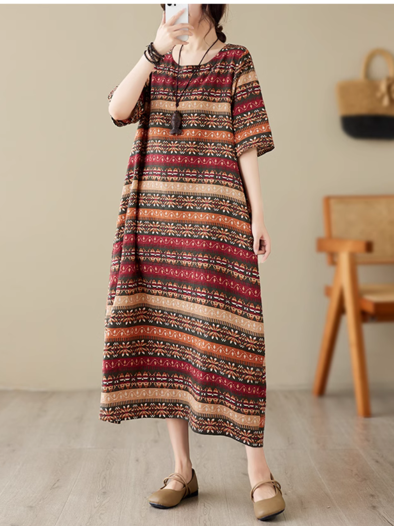 Round Neck Elbow Sleeve Geometric Print Relaxed Midi Dress