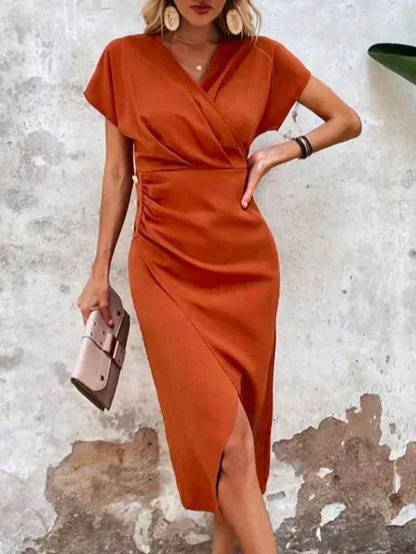 Deep V Neck Surplice Wrap Tulip Hem Midi Dress