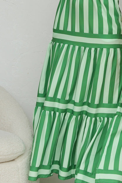 Spaghetti Strap Square Neck Tiered Stripe Pocket Maxi Dress